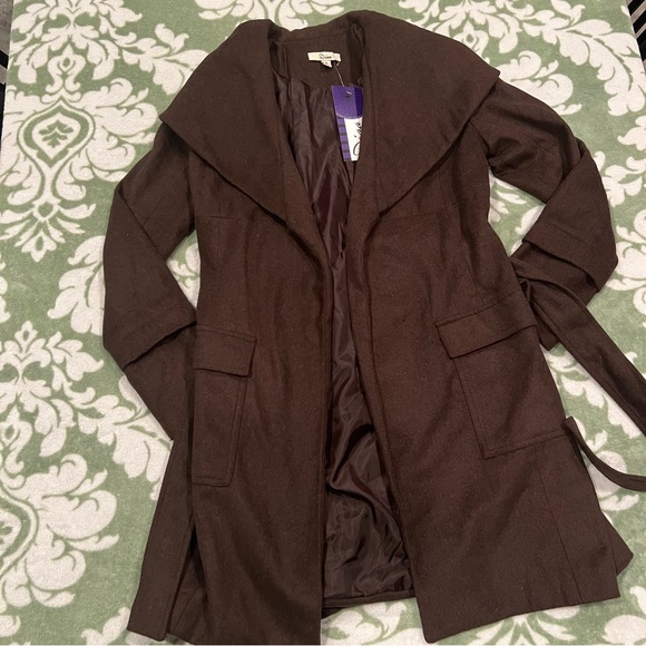 NWT Dark Brown Faux Wool Wrap-Tie Coat - Picture 6 of 13